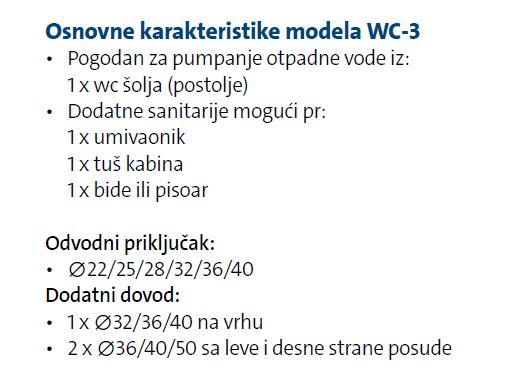 Karakteristike WC-3 modela za odvod otpadnih voda.