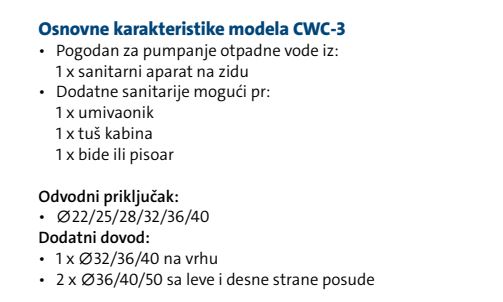 Karakteristike modela CWC-3 za sanitarne uređaje.