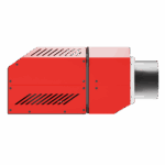 Crveni metalni uređaj sa ventilatorom sa strane.